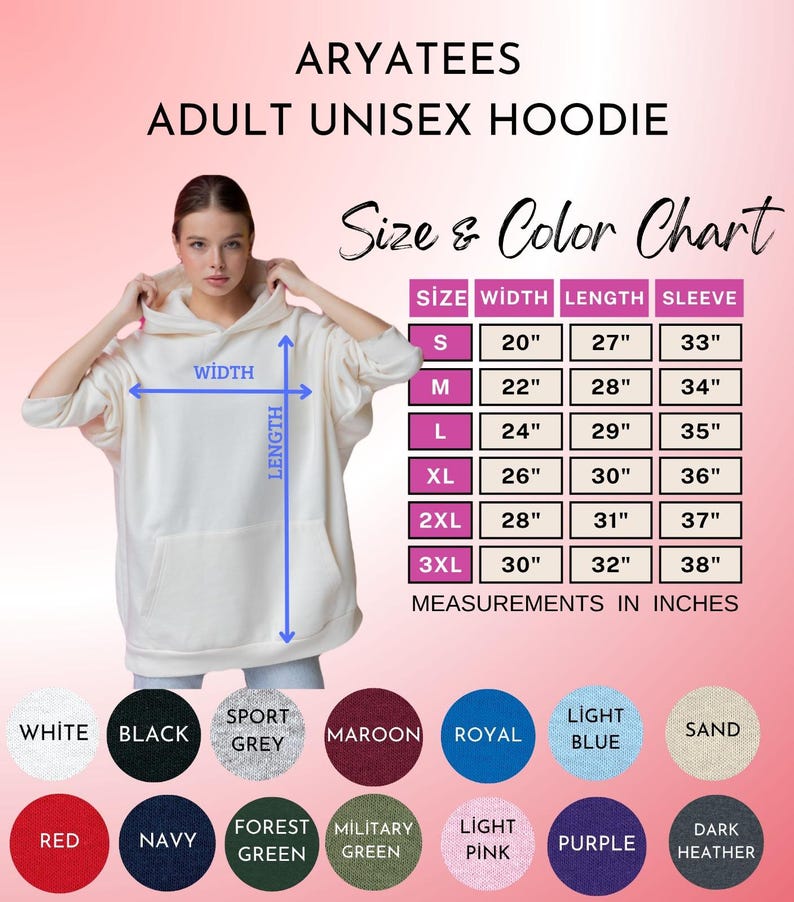 May include: Cream adult unisex hoodie with a front pocket, shown with a size and colour chart. The chart lists measurements in inches, with colours including white, black, and navy.