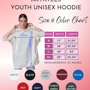 May include: Cream youth unisex hoodie with a front pocket and hood. The image includes a size and colour chart with measurements in inches. Available colours include white, black, sport grey, maroon, royal, red, navy, forest green, and dark heather.