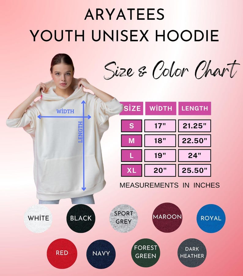 May include: Cream youth unisex hoodie with a front pocket and hood. The image includes a size and colour chart with measurements in inches. Available colours include white, black, sport grey, maroon, royal, red, navy, forest green, and dark heather.