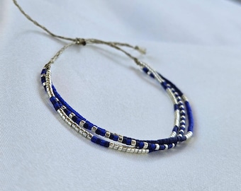 Cobalt blue and silver Miyuki bracelet, adjustable women's bracelet, Japanese beaded bracelet, minimalist jewelry, handmade gift for women