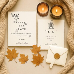 May include: Wedding stationery set with two lit candles, autumn leaves, and a cream envelope with a gold seal. The invitations read "Save the Date" and "E + E", with wedding details. The date is 29.11.2025.