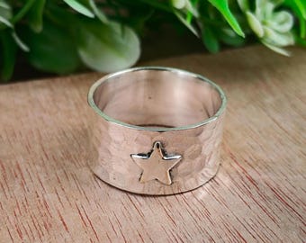 Sterling Silver Star Ring: Wide Band Boho Jewelry