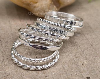 Anillos apilables de plata de ley 925 maciza, juego de 9 anillos - Anillo unisex hecho a mano
