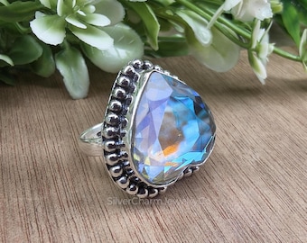 Anello con cuore e aura di angelo in quarzo: fatto a mano in argento sterling 925, pietra preziosa arcobaleno
