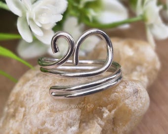 Adjustable Sterling Silver Swirl Ring: S-shape Wave Statement Ring
