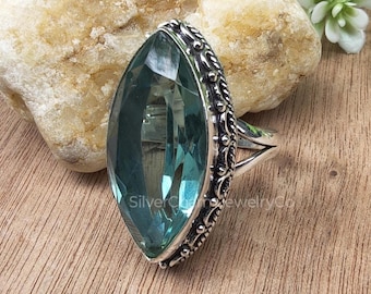 Marquise Aquamarine Sterling Silver Statement Ring, Boho Chic Band Jewelry