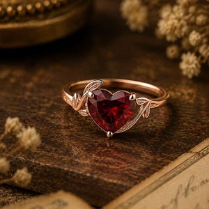 Heart Ruby Ring, Rose Gold Leaf Engagement Ring, Vintage Nature Inspired Promise Ring, Heart Shaped Ruby Jewelry, Romantic Anniversary