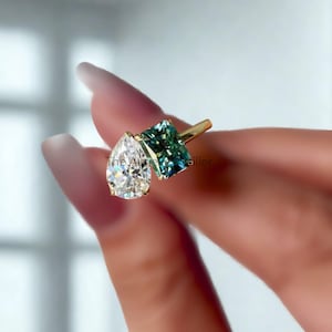 Moissanite Toi et Moi Ring: Pear & Radiant Cut, 14k Yellow Gold Promise Ring