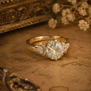 May include: A gold ring featuring a large, round, faceted centre stone held by prongs. The band is decorated with small, clear accent stones and crescent moon shapes on either side, with engraved star patterns along the shank of the metal band.