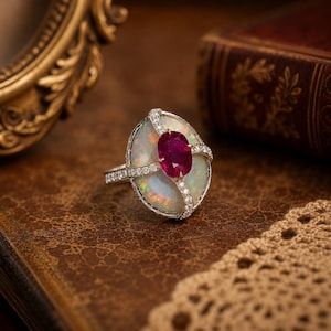 Vintage Opal & Ruby Statement Ring, Art Deco Inspired Cocktail Ring