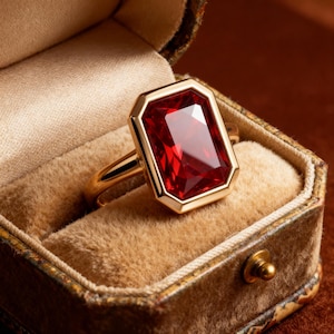 May include: A gold ring featuring a large, rectangular, red gemstone. The ring is set in a gold bezel and presented in a vintage jewellery box with a plush, tan interior.