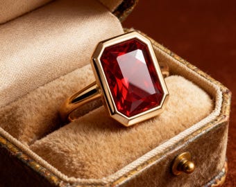 Vintage Emerald Cut Ruby Engagement Ring: 14K Yellow Gold Bezel Set