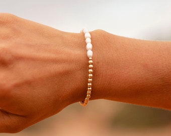Alta Bracelet- freshwater pearls- 3mm Gold Filled Beads- Half Pearl half gold filled beaded bracelet- Gold stretchy bracelet-