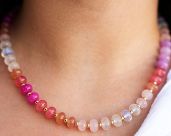 Blushed - Candy Gemstone Necklace - Rondelle Gemstone Necklace - Gold Filled Gemstone Necklace - Bright Rainbow Necklace
