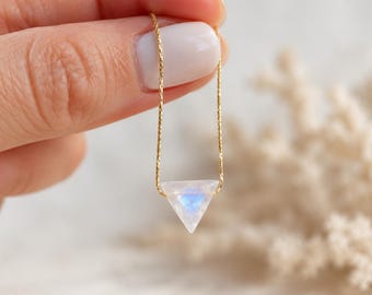 Rainbow Moonstone Necklace | Triangle Moonstone Pendant | Dainty Gold Necklace | June Birthstone Jewelry | Gift for Her
