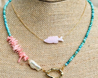 Handmade Turquoise Necklace | Pink Coral Branch with Baroque Pearl | Ocean Inspired Gold Filled Jewelry | Gift For Her | Coastal Jewelry