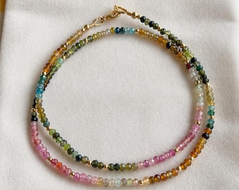 Dainty Gemstone Necklace | Ombre Watermelon Tourmaline Bead Necklace |  Pink Green Blue Gemstone | 14k Gold Filled | October Birthstone Gift