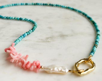 Genuine Turquoise Gemstone Necklace | Pink Coral & Baroque Pearl Necklace | Coastal Gemstone Jewelry | Gold Statement Clasp Necklace