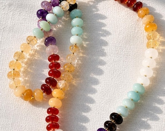 Colorful Gemstone Necklace | Rainbow Gemstone Beaded Necklace | Semiprecious Stones | Amethyst Amazonite Smoky Quartz Yellow Jade