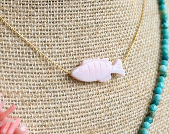 Pink Conch Shell Fish Necklace | Gold Filled Fish Necklace | Coastal Beach Jewelry | Ocean Lover Gift | Mermaid Necklace