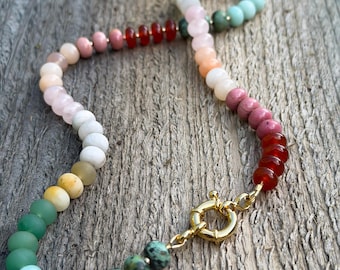 Multi Gemstone Necklace | Rose Quartz Carnelian Amazonite  Green Aventurine Turquoise | Gold Filled Beaded Choker | Alaska Made Gift