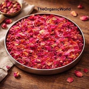 May include: A large, round metal tray filled with dried rose petals in shades of pink and red. The petals are scattered across a wooden surface, with a small bowl of rose buds in the background. The text "TheOrganicWorld" is visible.