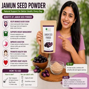 Puede incluir: Una bolsa de papel marrón de polvo de semillas de Jamun Bliss of Earth con una etiqueta que muestra frutos de jamun de color púrpura oscuro. El empaque incluye texto que detalla beneficios, instrucciones de uso y una nota de precaución.