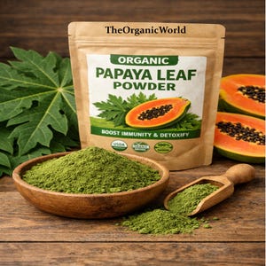 Op de afbeelding: Een bruine papieren zak met biologisch papajabladpoeder, een houten kom en een schepje gevuld met groen poeder. De zak heeft de tekst "Organic Papaya Leaf Powder" en "Boost Immunity & Detoxify". Gesneden papaja fruit is ook zichtbaar.