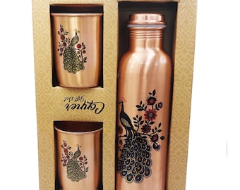 Botella de agua de cobre puro: hecha a mano, martillada, regalo ayurvédico para el bienestar, obsequio gratuito, mezcla natural de piedras de nacimiento.