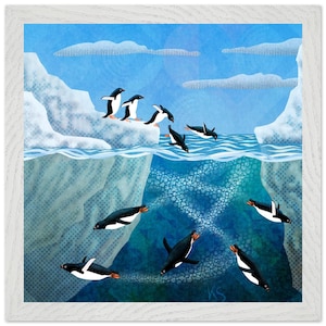 Pinguini che si tuffano in acque cristalline - Poster di alta qualità con cornice in legno e carta opaca di alta qualità