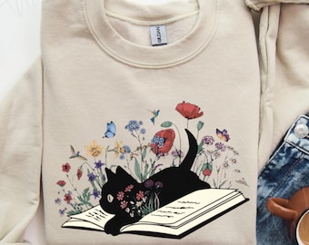 Bookish Sweatshirt, Cat Book Shirt, Book Lover Sweatshirt, Gift for Cat Lover, Cute Cat Book Sweatshirt, Librarian Gifts For Women