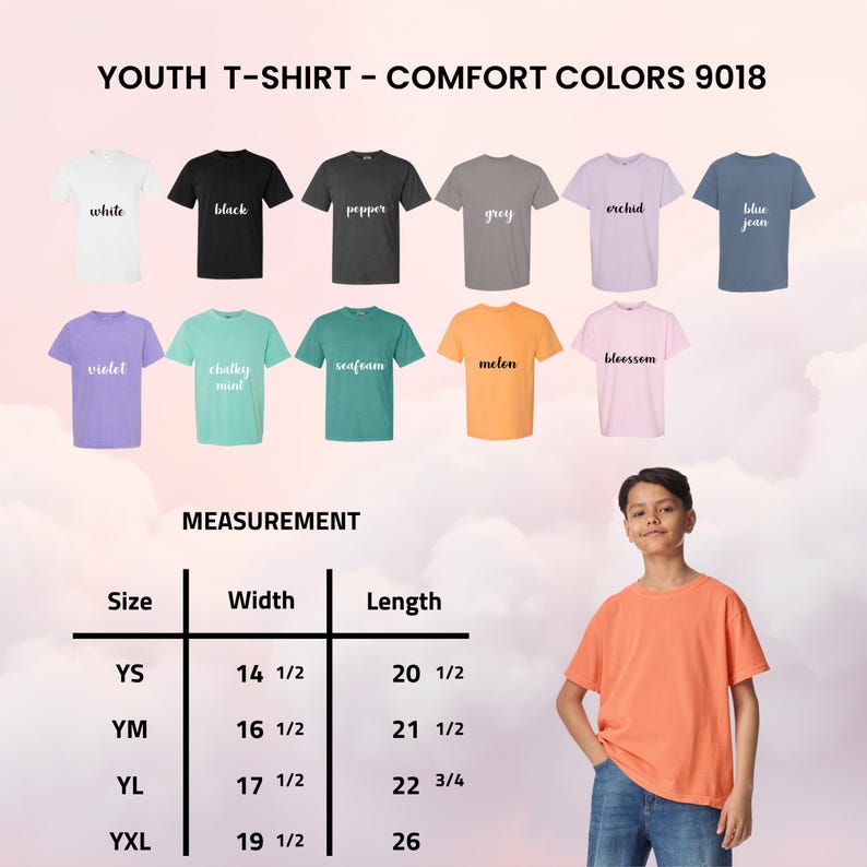 May include: A selection of youth t-shirts in colours such as white, black, and blue jean. The image includes a size chart with measurements in inches. A young person is wearing an orange t-shirt.