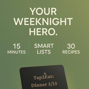 Pu&ograve; includere: Una grafica digitale con sfondo a gradiente verde che presenta il testo YOUR WEEKNIGHT HERO, 15 MINUTES, SMART LISTS e 30 RECIPES. Sotto, un dispositivo rettangolare nero mostra il testo Tap2Eat: Dinner 5/15 con un'icona di segnale.