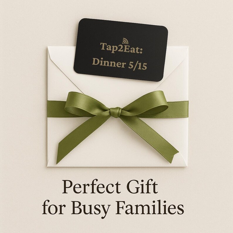 Pu&ograve; includere: Una busta bianca legata con un nastro verde oliva, sormontata da un cartoncino rettangolare nero con il testo dorato Tap2Eat: Dinner 5/15. Sotto la busta, il testo recita: Perfect Gift for Busy Families. Il design &egrave; pulito e semplice.