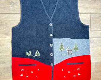 Gilet vintage en laine Spazio Italiano brodé style alpin années 80 90 made in Italy XL
