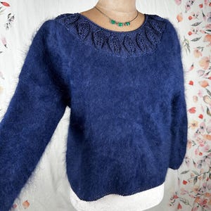 Vintage Handmade Navy Blue Mohair Sweater - Leaf Knit Collar - Size S - Unique & Soft