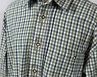 Vintage Austrian Trachten Check Shirt – Aumühle Alpine Folk Cotton Shirt – Bavarian Traditional Clothing