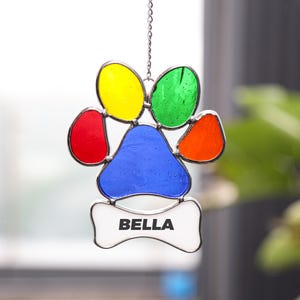 100% Handmade Dog Paw Stained Glass Suncatcher, Custom Garden Glass Decor, Paw Prints Ornament,  home decor, Pet Loss Gift,Dog Memorial Gift