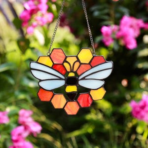 100% Handmade Window Decor, Honeybee Honeycomb Hanging, Stained Glass Window Hanging, Glass Art, Garden Decor,for Her, Handmade Honeycomb