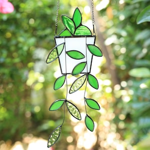 100% Handmade Stained Glass Suncatcher, Glass Decor, Plant Ornament, Home decor, Hanging Glass Plant, Glass Green Plant, Gift for her