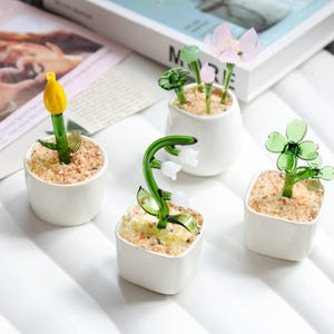 Handmade Glass  Potted Plants, Glass Flower, Glass Succulents, Artificial Glass House Plant, Mini Glass Cactus Pots, Car Decoration Set