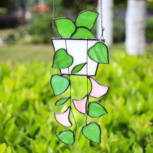 Stained Glass Plant Suncatcher, Handmade Plant Ornament, Home decor, Hanging Glass Plant, Glass Green Plant, Gift for her,Birthday Gift