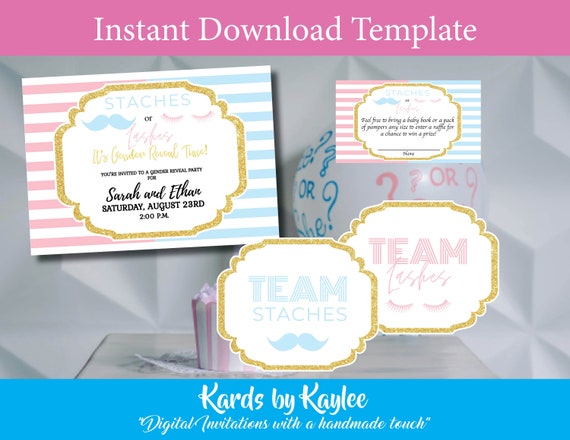Staches or Lashes Gender Reveal Invitation Bundle Instant Access Editable Template Digital Download Il_570xn