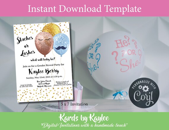 Staches or Lashes Gender Reveal Invitation Instant Access Editable