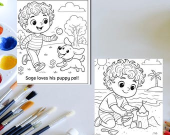 Könnte beinhalten: Zwei Schwarz-Weiß-Malvorlagen mit einem Cartoon-Jungen. Eines zeigt den Jungen beim Spielen mit einem Welpen, mit dem Text "Sage liebt seinen Welpenfreund!". Das andere zeigt den Jungen beim Bauen einer Sandburg, mit dem Text "Sage baut die besten Burgen!"