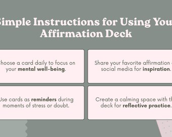 May include: A graphic with instructions for using an affirmation deck. The text includes steps like choosing a daily card for mental well-being and sharing affirmations on social media. The background is a muted green with pink accents.