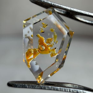 Peut inclure: Cristal clair et facetté avec des inclusions dorées, maintenu par une pince argentée. La forme géométrique du cristal est mise en évidence sur un fond flou. Les inclusions dorées apparaissent comme des formes irrégulières.