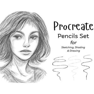 May include: A monochrome pencil drawing of a woman's face with short hair. The image features the text "Procreate Pencils Set for Sketching, Shading & Drawing" and examples of pencil strokes.