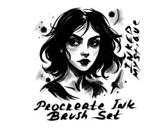May include: Black and white illustration of a woman with dark hair and a somber expression. The text "Procreate Ink Brush Set" is written below the portrait in a handwritten font. Splatter and abstract shapes surround the woman's head.