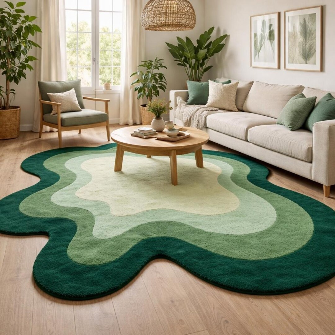 Hand Tufted Green Wool Rug, Organic Shape Area Rug, Modern Abstract Rug ...